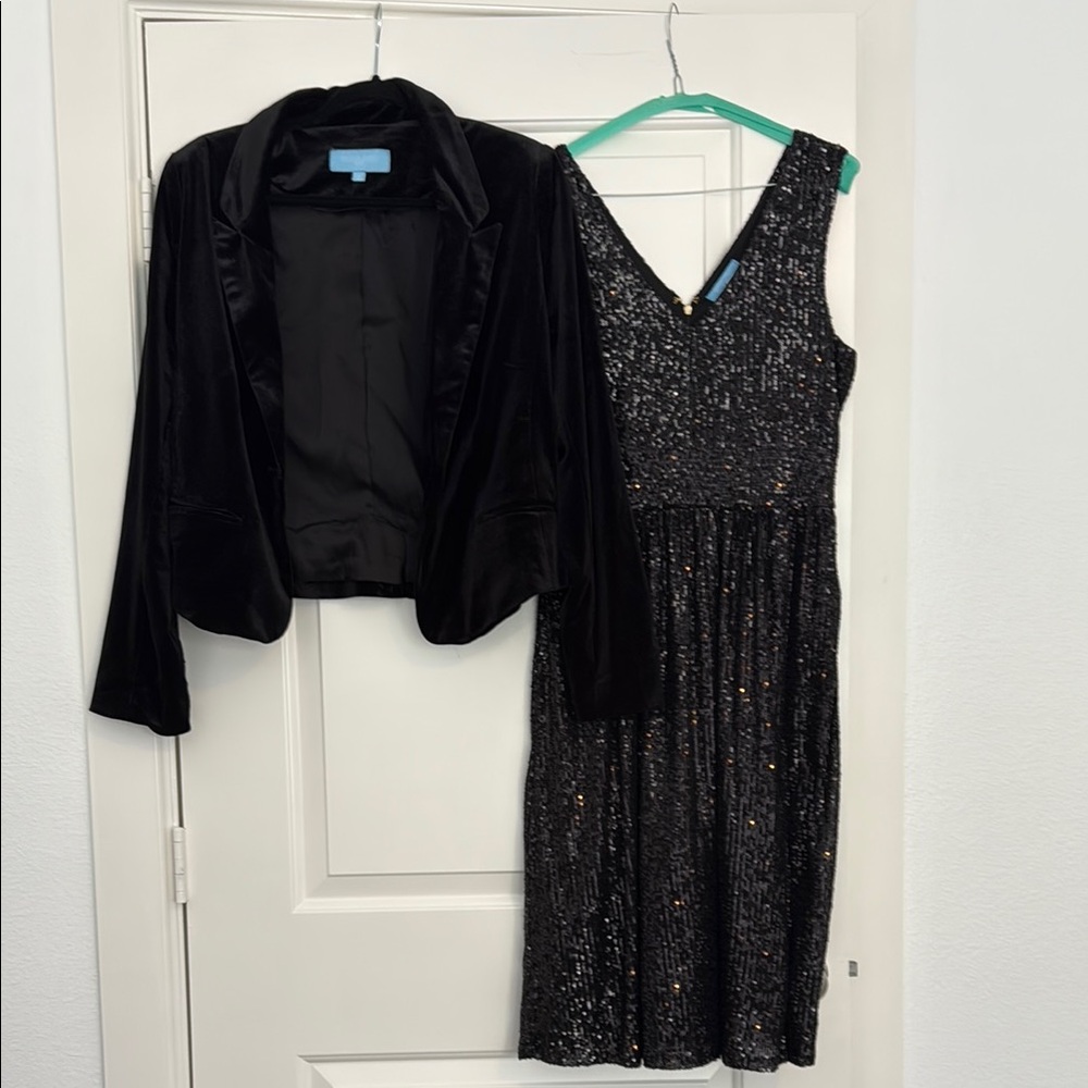 Black Sequin Sheath Midi Dress V-Neck with pockets and velvet jacket